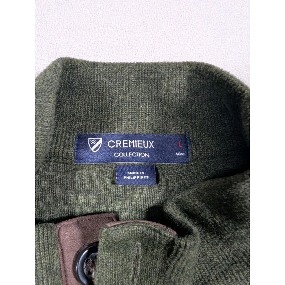 Cremieux Collection Sweater Mens L Green Henley Suede Shoulder Elbow Patch